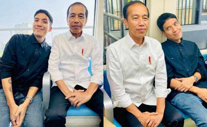 Presiden Jokowi dan Desta saat menjajal LRT Jakarta.