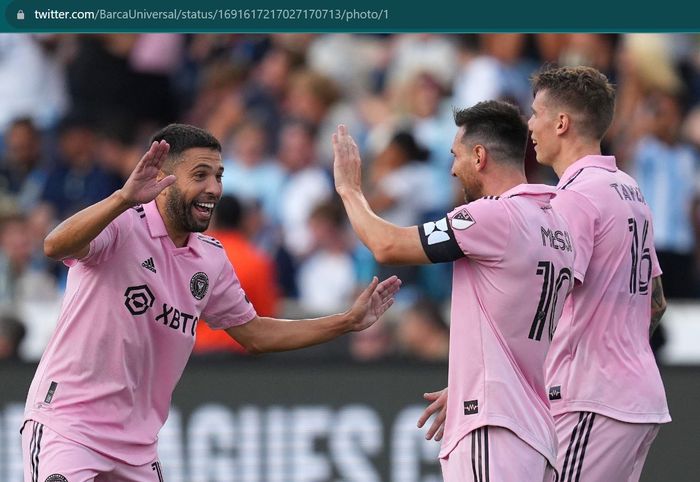 Jordi Alba dan Lionel Messi kompak cetak gol dalam kemenangan 4-1 Inter Miami atas Philadelphia Union di semifinal Leagues Cup, Rabu (16/8/2023) pagi WIB.