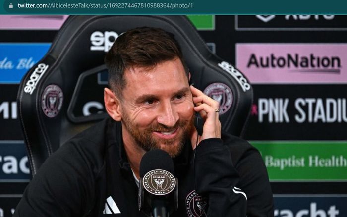 Kapten timnas Argentina sekaligus penyerang Inter Miamil Lionel Messi, hadir dalam sesi wawancara terbuka, Kamis (7/8/2023) waktu setempat.