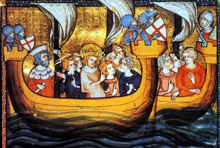 Ilustrasi abad ke-14 M tentang Louis IX dari Prancis (memerintah 1226-1270 M) meninggalkan Aigues Mortes ke Mesir pada sejarah Perang Salib Ketujuh (1248-1254 M).