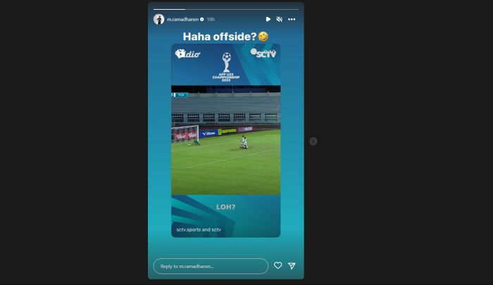 Tangkapan layar dari Instagram penyerang timnas U-23 Indonesia, Ramadhan Sananta, setelah golnya saat melawan Timor Leste di babak penyisihan Grup B Piala AFF U-23 2023, Minggu (20/8/2023) dianggap offside oleh wasit.