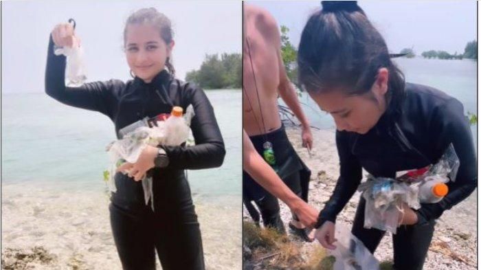 Prilly Latuconsina membersihkan sampah di pesisir pantai.