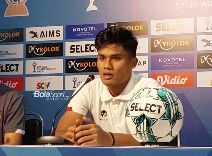 Ramadhan Sananta dalam konferensi pers pasca-laga timnas U-23 Indonesia Vs Timor Leste di Rayong Provincial Stadium, Minggu (20/8/2023).