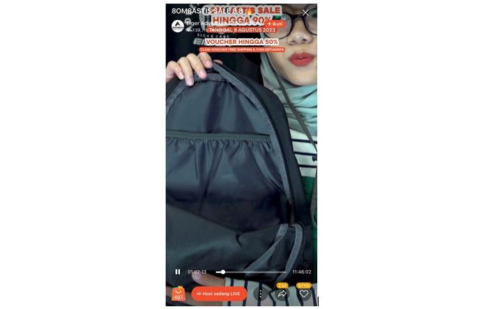 Tangkapan layar live streaming Eiger di Shopee Live pada puncak kampanye Shopee 8.8 Grand Beauty &amp; Fashion Festival.