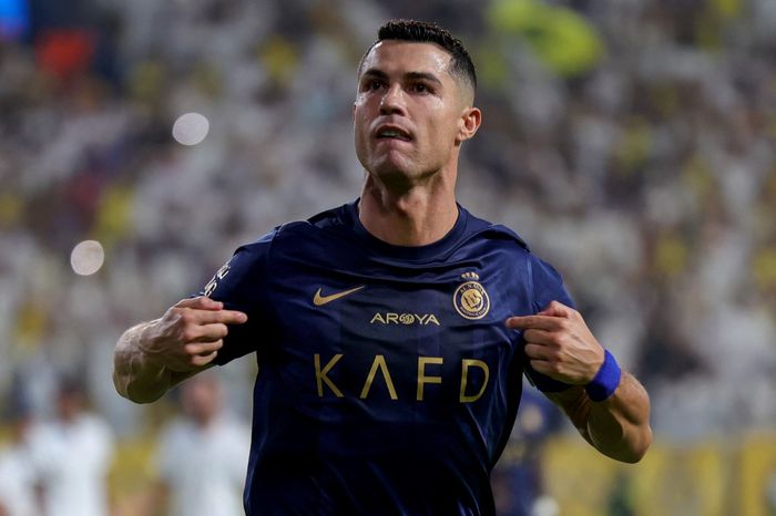 Cristiano Ronaldo merayakan golnya untuk Al Nassr ke gawang Al Shabab dalam laga pekan ke-4 Liga Arab Saudi 2023-2024 di Stadion Al Awwal Park, Selasa (29/8/2023).