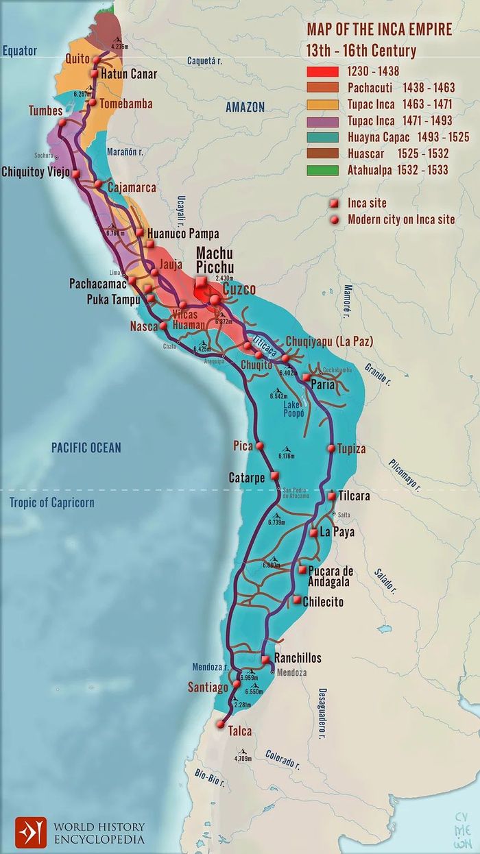 Peta yang menggambarkan berbagai fase perluasan Kekaisaran Inca dari asal usulnya pada abad ke-13 hingga abad ke-16.