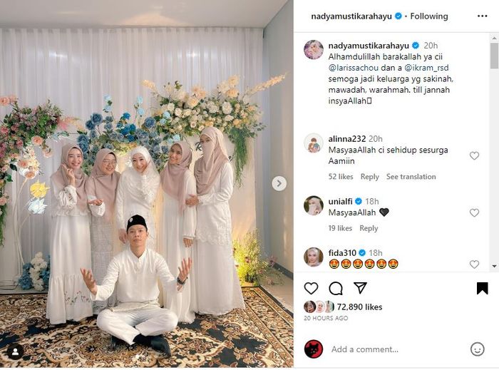 Datang ke Nikahan Larissa Chou, Nadya Mustika Rahayu Langsung Jadi Sorotan, Lapak Instagramnya Banjir Doa