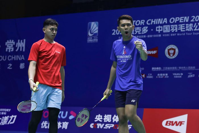 Ganda putra Indonesia, Fajar Alfian/Muhammad Rian Ardianto, saat berlatih di venue China Open di Olympic Sport Centre Gymnasium, Changzhou, Senin, 4 September 2023