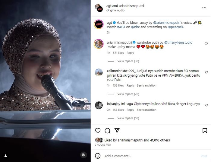 Penampilan Putri Ariani di semifinal America's Got Talent 2023.
