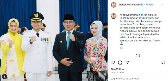 Unggahan Hengky Kurniawan di hari terakhir Ridwan Kamil sebagai Gubernur Jawa Barat.