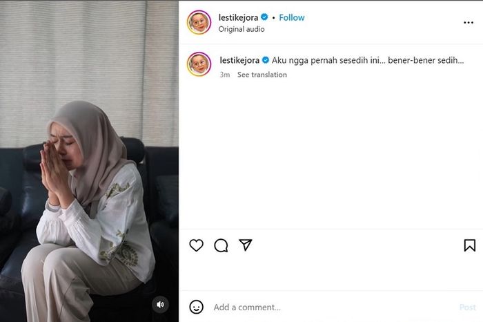 Lesti Kejora tampak menangis di akun Instagramnya. 