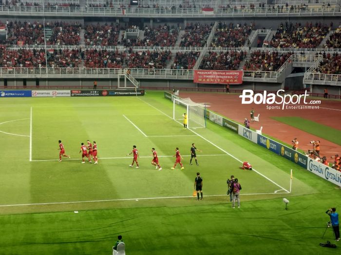 Selebrasi gol Dendy Sulistyawan usai mencetak gol pembuka Timnas Indonesia vs Turkmenistan pada FIFA Matchday di Stadion Gelora Bung Tomo, Surabaya, Jumat (8/9/2023) malam WIB.