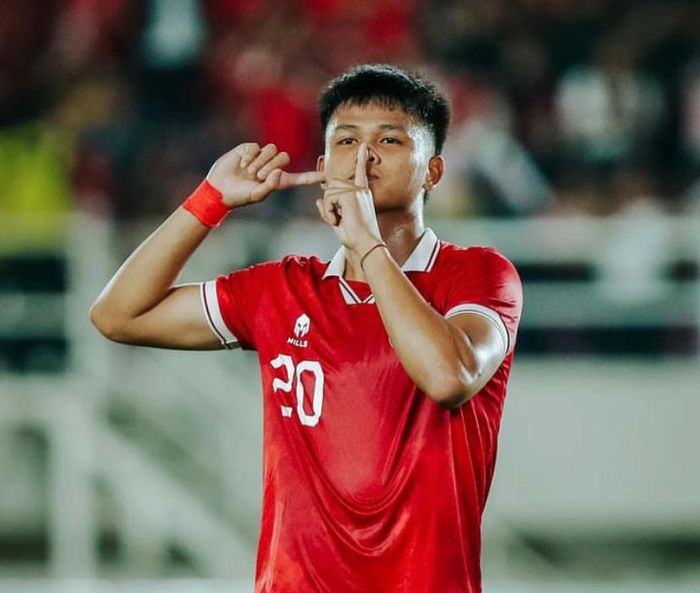 Selebrasi Hokky Caraka usai mencetak gol dalam laga Grup K Kualifikasi Piala Asia U-23 2023 antara timnas U-23 Indonesia vs Taiwan U-23 di Stadion Manahan, Solo, Jawa Tengah, Sabtu (9/9/2023).
