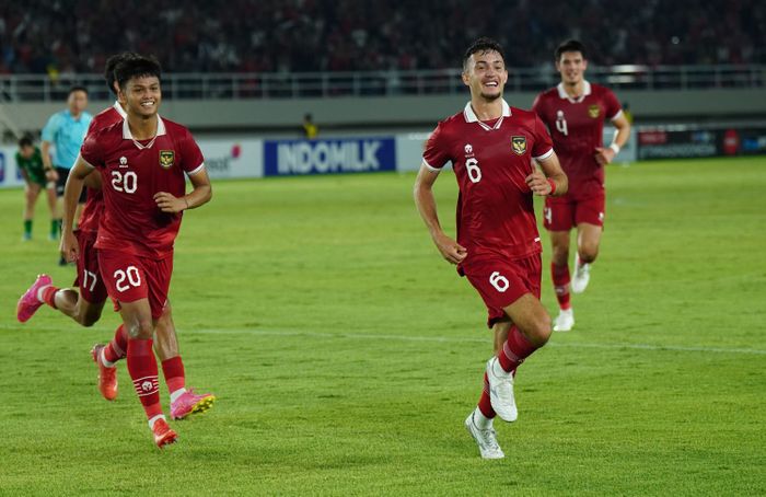 Selebrasi Ivar Jenner saat Timnas U-23 Indonesia vs Turkmenistan di Kualifikasi Piala Asia U-23 2024, Stadion Manahan, Solo, Selasa (12/9/2023).