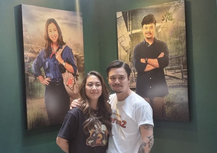 Sherina dan Derby Romero di acara Launching Ruang Imersif Petualangan Sherina 2 di ASTHA District, Jakarta Selatan, Kamis (14/9/2023).