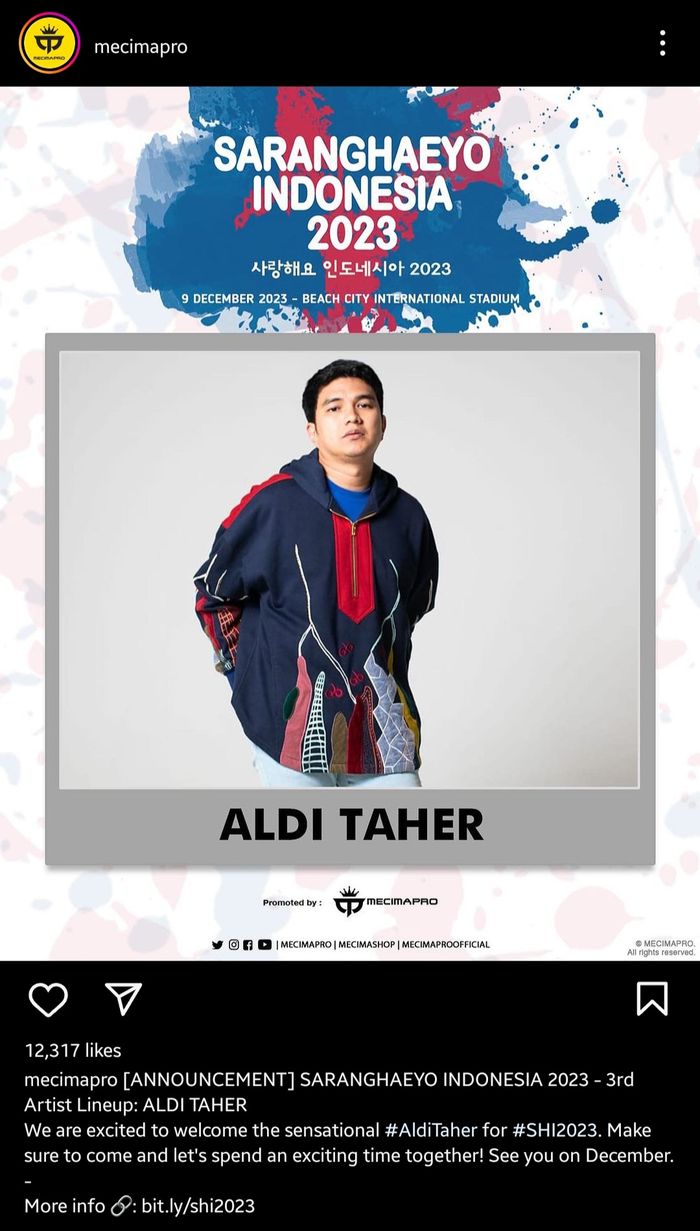 Unggahan promotor Konser KPOP Saranghaeyo Indonesia 2023, bakal tampilkan Aldi Taher jadi pengisi acara.