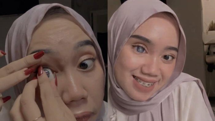 Ghina Khansa saat memperlihatkan caranya memakai bola mata palsu
