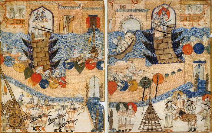 Pengepungan Bagdad oleh Kekaisaran Mongol pada 1258 dalam ilustrasi abad ke-14. Hancurnya Bagadad membawa babak baru dalam sejarah Perang Salib di Timur Tengah.