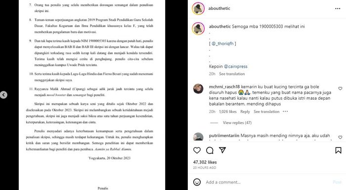 Postingan akun Instagram @abouthetic