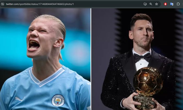 Erling Haaland (kiri) kalah dari Lionel Messi (kanan) dalam perebutan Ballon d'Or 2023. Kini Haaland juga gagal membawa timnas Norwegia lolos ke Euro 2024.