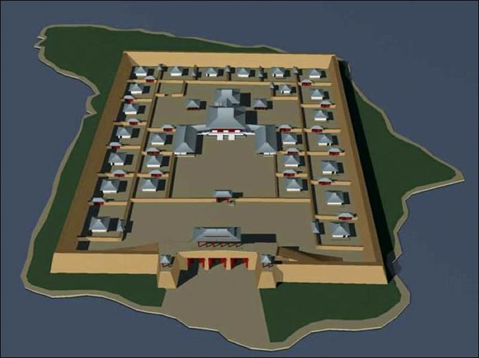 Rekonstruksi tiga dimensi Por Bajin di atas pulau di danau Tere Khol, Republik Tuva, Rusia. Benteng ini masih misterius kegunaannya, dan belum terungkap oleh para ilmuwan. Namun diyakini berusia 1.300 tahun.