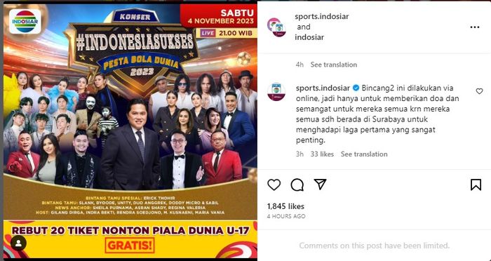 Rencana timnas U-17 Indonesia tampil di konser stasiun televisi nasional menjelang Piala Dunia U-17 2023. 