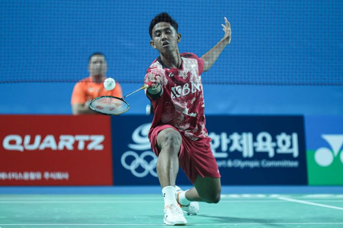  Pebulu tangkis tunggal putra Indonesia, Alwi Farhan, pada babak pertama Korea Masters 2023 di Gwangju Women's University Stadium, Korea Selatan, Rabu (8/11/2023).