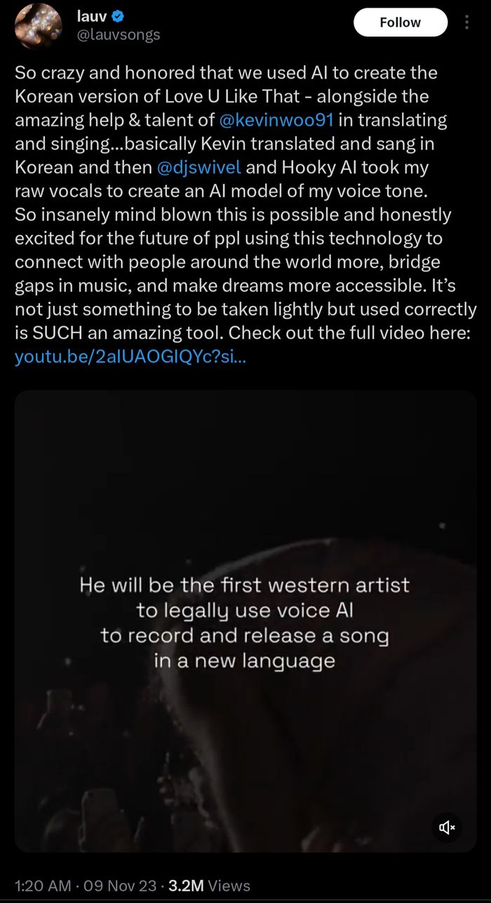 Unggahan Lauv dalam akun X-nya @lauvsongs, Kamis (9/11/2023).