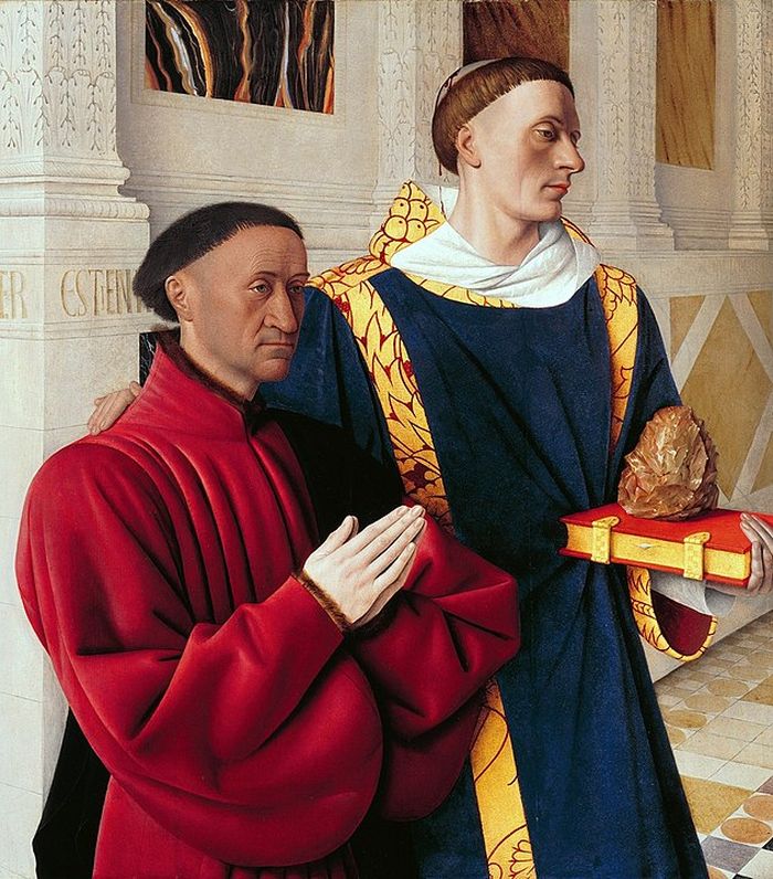 Lukisan Jean Fouquet dari diptychnya menggambarkan bendahara Kerajaan Prancis Étienne Chevalier (kiri) dan Santo Stephen. Lihat pada batu di atas alkitab yang dipegang Santo Stephen. Benda itu menyerupai kapak purba dalam sejarah dunia kuno Eropa.