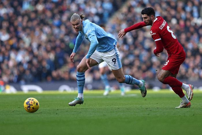 Penyerang Man City, Erling Haaland, mencetak gol ke-50 tercepat di Premier League dalam laga kontra Liverpool di Etihad Stadium, Sabtu (25/11/2023) malam WIB dalam lanjutan Liga Inggris 2023-2024.