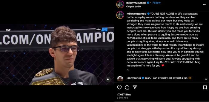 Pernyataan juara kelas berat UFC, Jon Jones, yang mengaku menjadi penggemar jagoan ONE Championship, Mikey Musumeci.