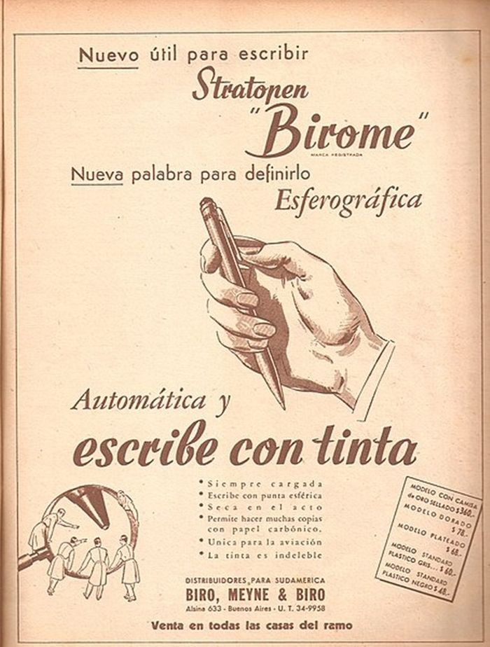 Pulpen birome pada iklan yang ditayangkan di majalah Argentina Leoplán tahun 1945.