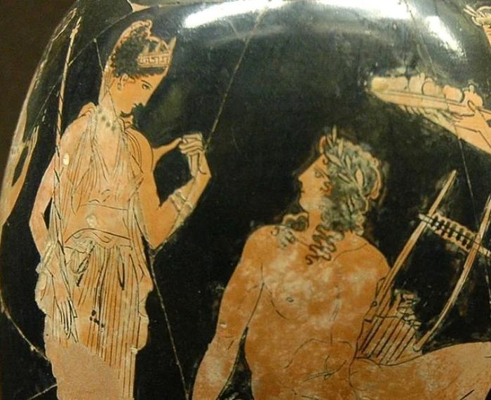 Aphrodite dan Adonis digambarkan dalam tembikar bergaya figur merah.