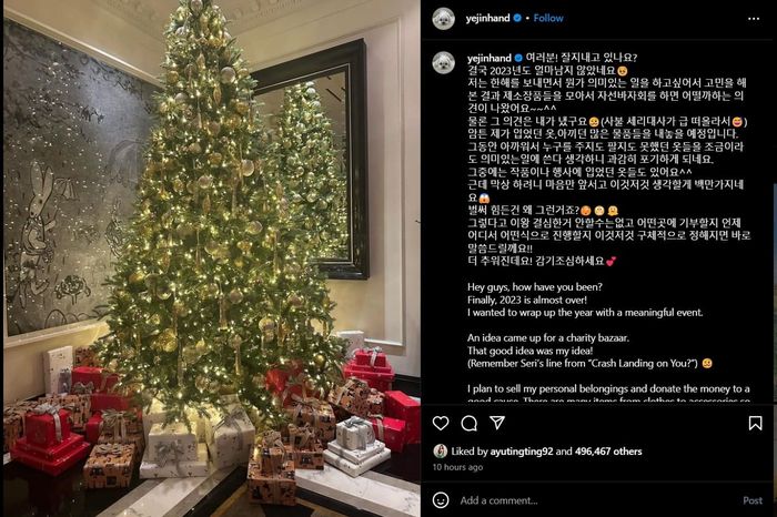 Unggahan Son Ye-jin untuk umumkan bazar amal
