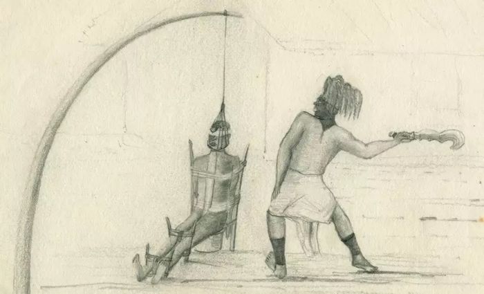 Ilustrasi yang menggambarkan bagaimana eksekusi dengan pedang Ngombe Nugulu dilakukan oleh seorang pengembara di Kongo pada abad ke-20.