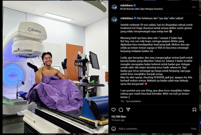 Unggahan Vidi yang mengabarkan dirinya telah menyelesaikan terapinya