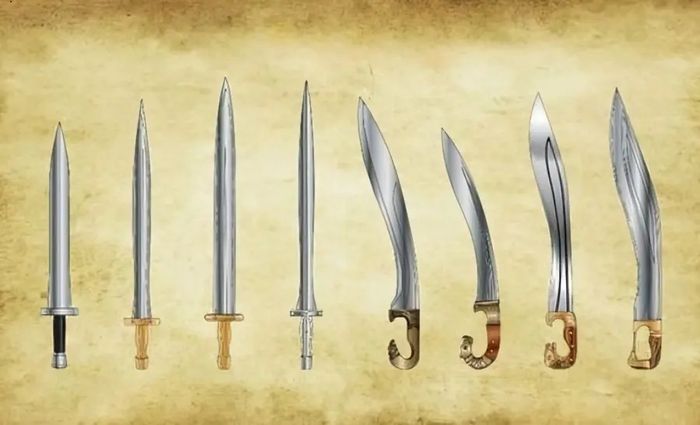 Semua kemungkinan variasi pedang Yunani yang dapat digunakan oleh Alexander Agung; Xiphos (kiri) hingga Kopis (kanan).