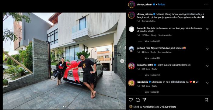 Unggahan Denny Caknan yang memberikan kado ulang tahun kepada sang istri, Bella Bonita