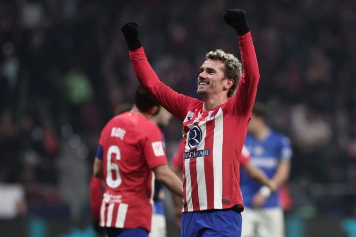 Antoine Griezmann merayakan golnya ke gawang Getafe pada lanjutan Liga Spanyol 2023-2024.