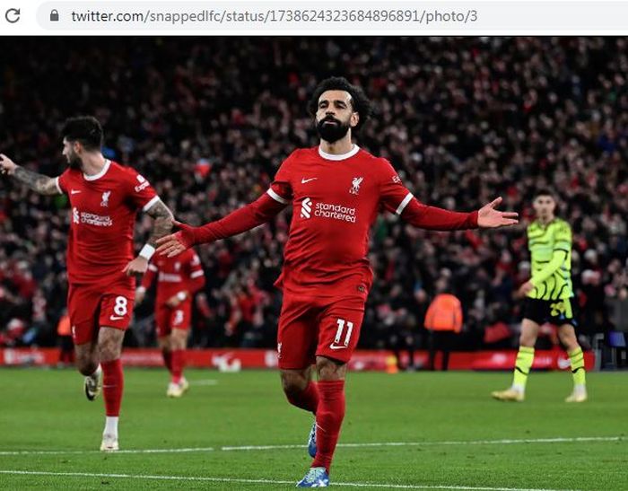 Selebrasi Mo Salah usai membobol gawang Arsenal pada pekan ke-18 Liga Inggris 2023-2024, Minggu (24/12/2023) dini hari WIB.