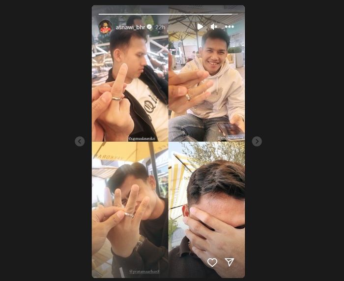 Unggahan Instagram Asnawi Mangkualam memamerkan cincin pernikahan tiga rekan di timnas Indonesia (25/12/2023). 