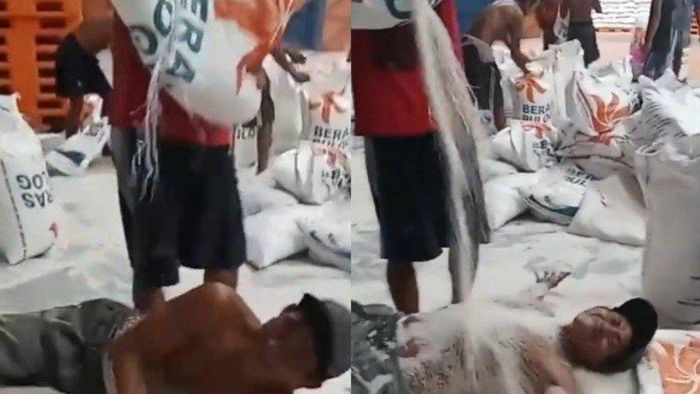 Viral seorang pria rebahan di beras bulog