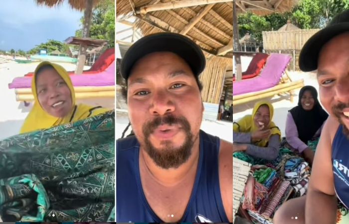 Seorang bule tengah berbincang dengan ibu pedagang sarung yang bisa banyak bahasa asing