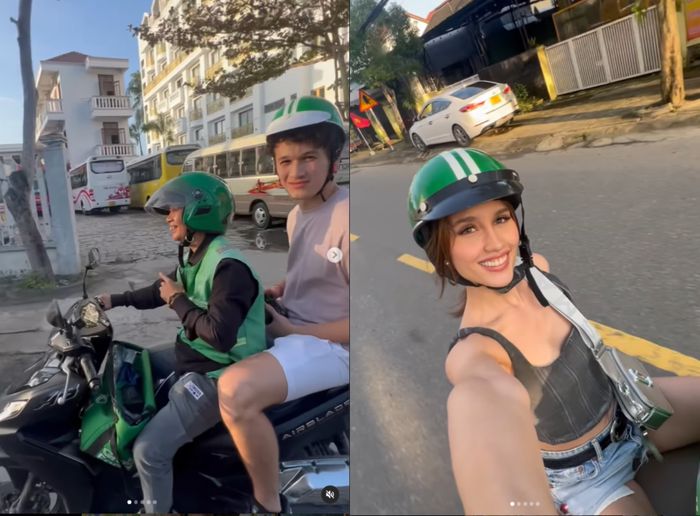 Cinta Laura dan Arya Vasco tampak menikmati perjalanan liburan menggunakan ojol