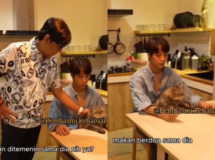 Dikta memperlihatkan kebiasaannya saat sarapan bareng kucing peliharaannya, Jimbon
