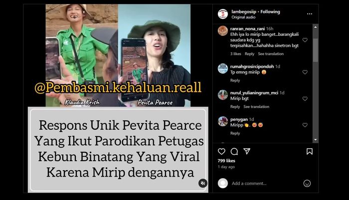 Unggahan yang menunjukkan Pevita Pearce sedang memparodikan seorang petugas kebun binatang