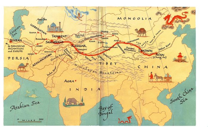 Peta rute Jalur Sutra yang menghubungkan Tiongkok dengan wilayah-wilayah di Asia Tengah, Asia Selatan, Asia Barat, hingga Eropa.