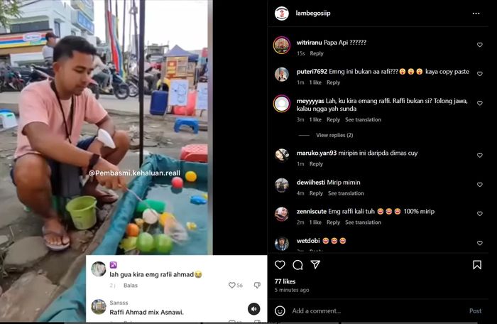 Unggahan Instagram @lambegosiip tentang viralnya pemuda yang memiliki wajah mirip dengan Raffi Ahmad