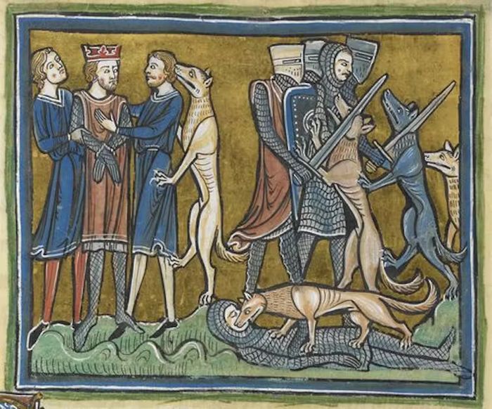 Detail miniatur Raja Garamantes, yang diselamatkan oleh anjing-anjingnya, dari Rochester Bestiary (sekitar tahun 1230).