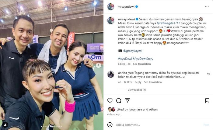Ayu Dewi bagikan keseruan bermain tenis kategori mixed double bersama Raffi Ahmad dan Nagita Slavina